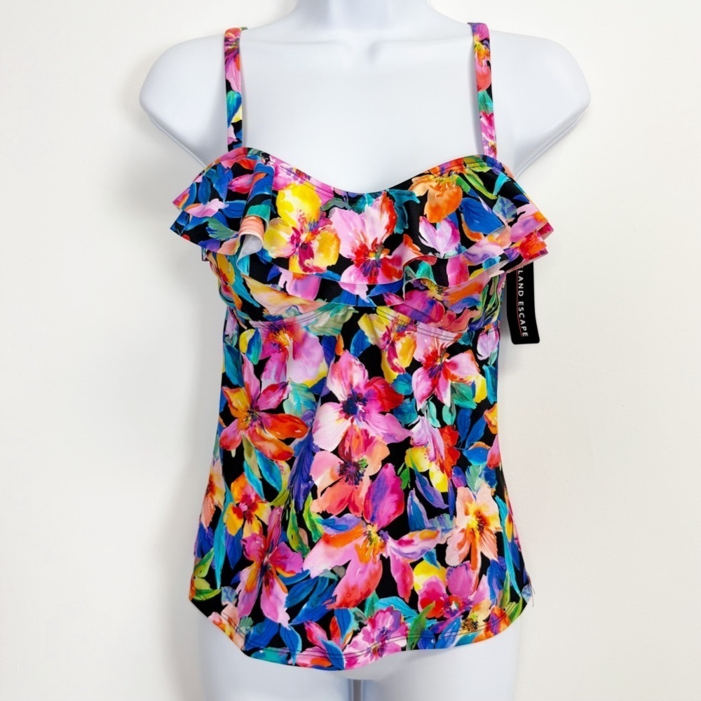 Island Escape Tankini Swimsuit Womens 8 Multi Floral Ruffle Top Adjustable Strap